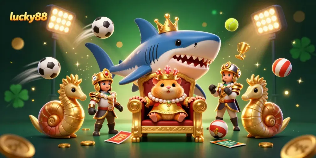 Join the fierce golden hamster king at lucky88 surrounded by sports elements and vibrant gaming atmosphere.