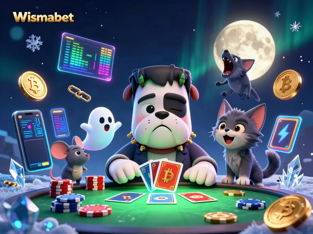 Wismabet menyajikan suasana menegangkan dengan Frankenstein bulldog bermain kartu di meja kasino yang dihiasi koin kripto.
