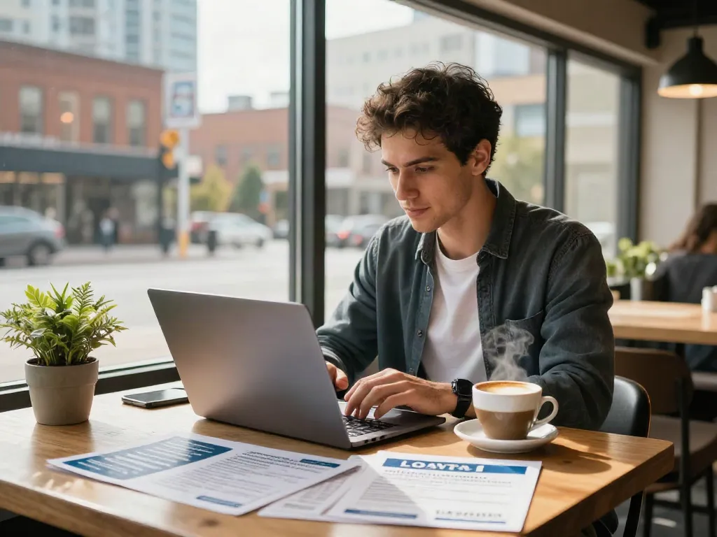 Individual exploring Edmonton loans options at a coffee shop with brochures and laptop.