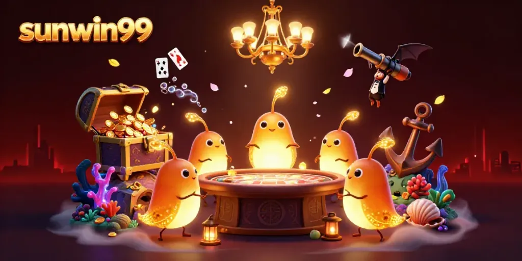 Experience the electrifying allure of Sunwin99 with glowworms illuminating an underwater casino.