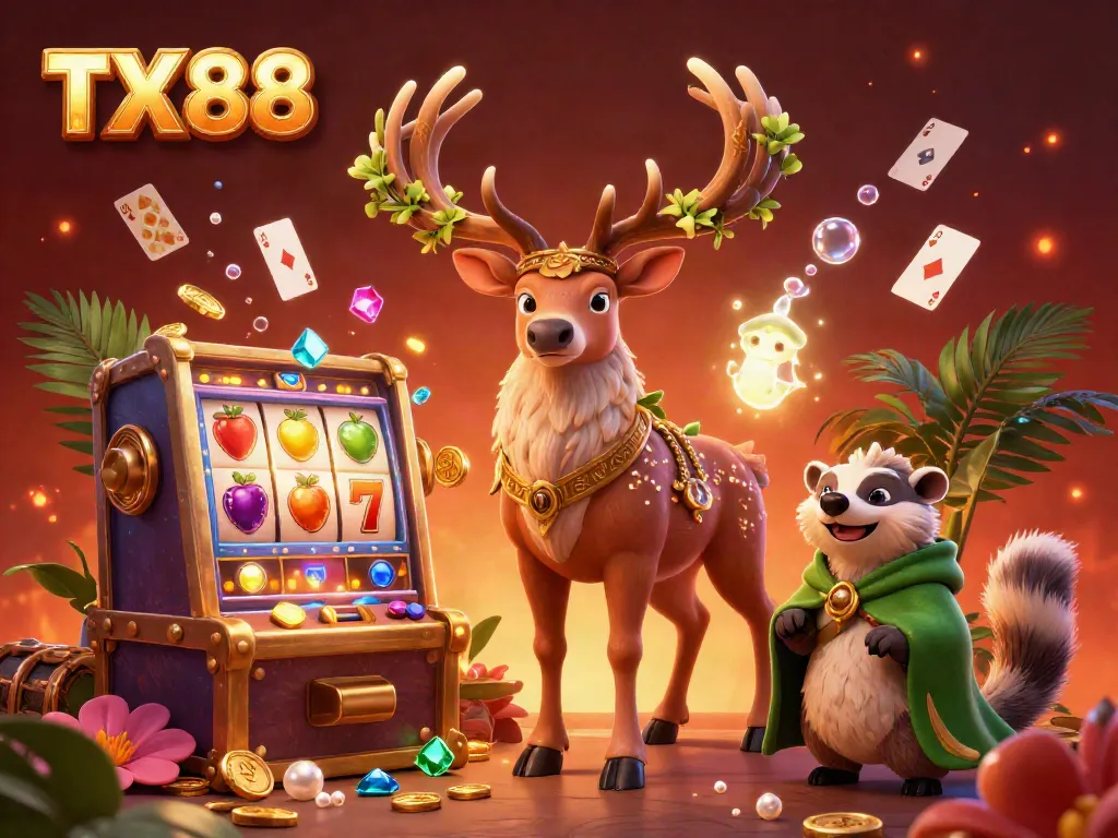 Experience the excitement of TX 88 with a vibrant slot machine scene featuring spinning reels and captivating characters.