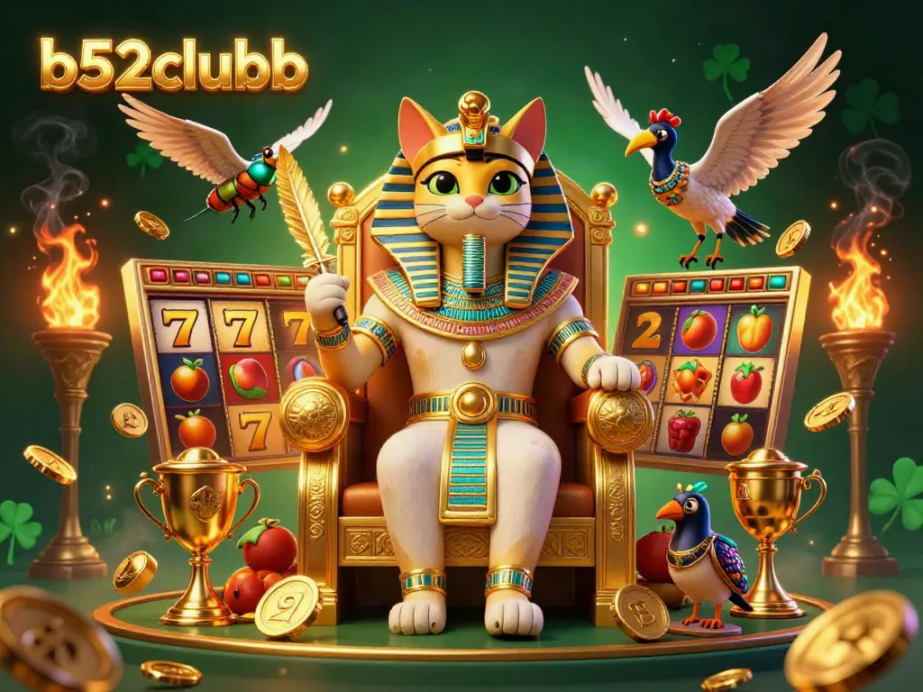 Engage in the excitement of b52clubb with a vibrant 3D casino scene featuring a golden throne, lucky symbols, and jackpot elements.