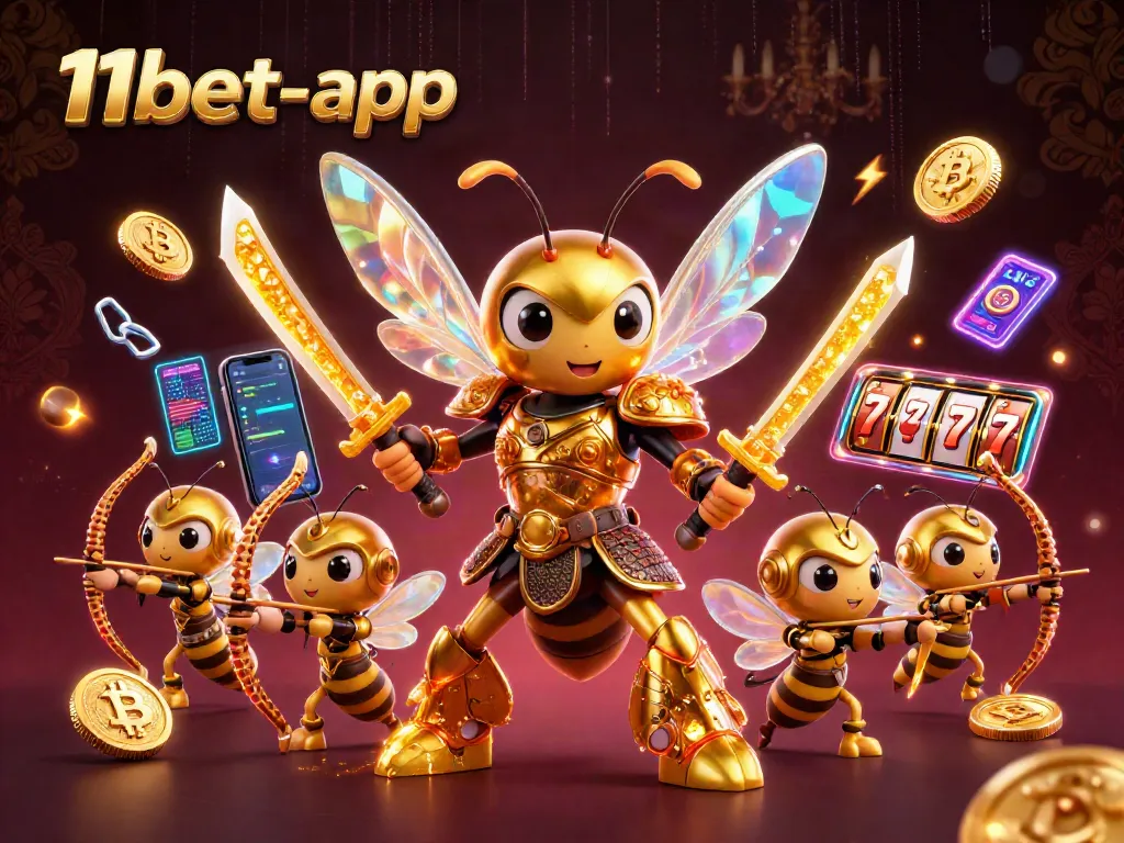 Experience the excitement of gaming action with 11bet-app's vibrant 3D illustration featuring thrilling slot reels and dynamic characters.