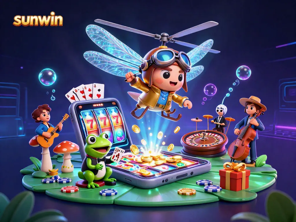 Experience sunwin in action with a vibrant scene featuring a dragonfly pilot, frog croupier, and exciting casino games.