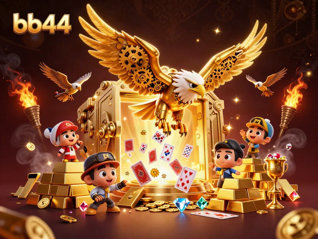 Engage with bb44's exciting casino world, showcasing a cybernetic eagle amidst cards and treasures.
