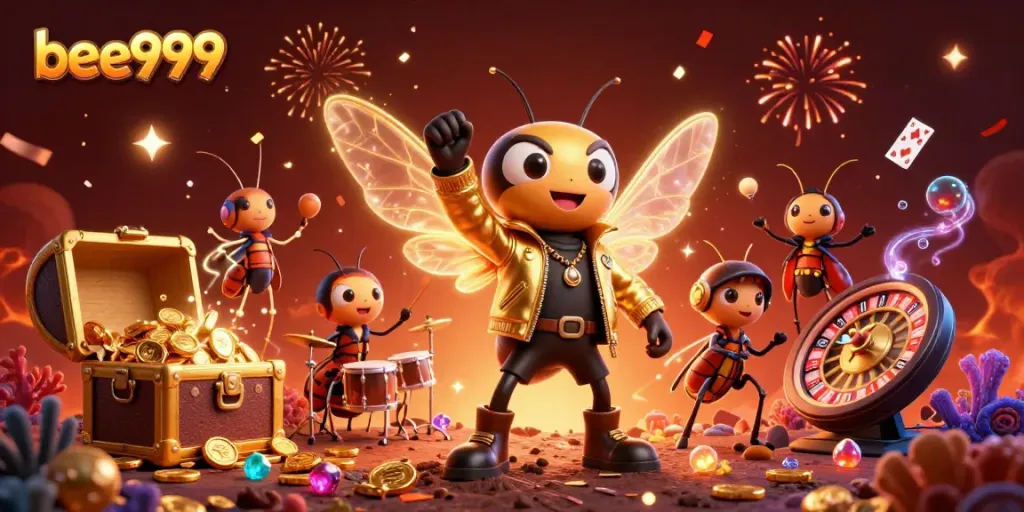Experience thrilling gaming action at bee999 with a vibrant 3D illustration of characters celebrating and gaming.