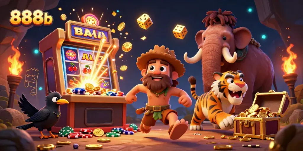 Engage in exciting action with 888b at a lively prehistoric casino featuring vibrant games and elements.