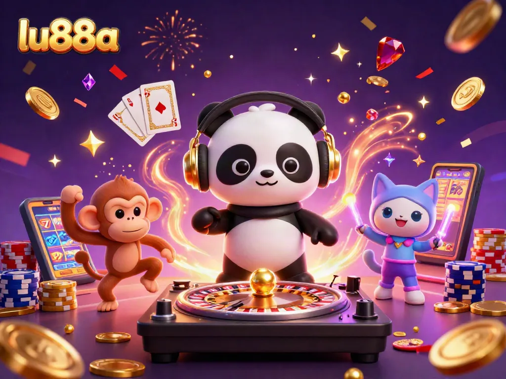 Engage with exciting gambling action at lu88a as the DJ panda spins roulette wheels surrounded by festive creatures.