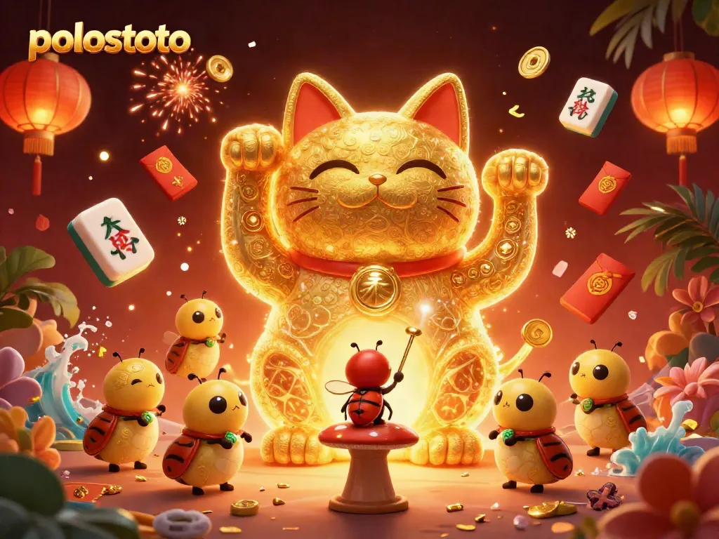 Experience the fun at polostoto with a colorful lucky cat surrounded by vibrant casino symbols.
