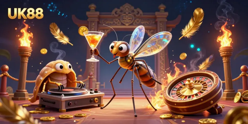 Experience the excitement of UK88 where a vibrant casino atmosphere comes alive with a unique mascot and dynamic elements.
