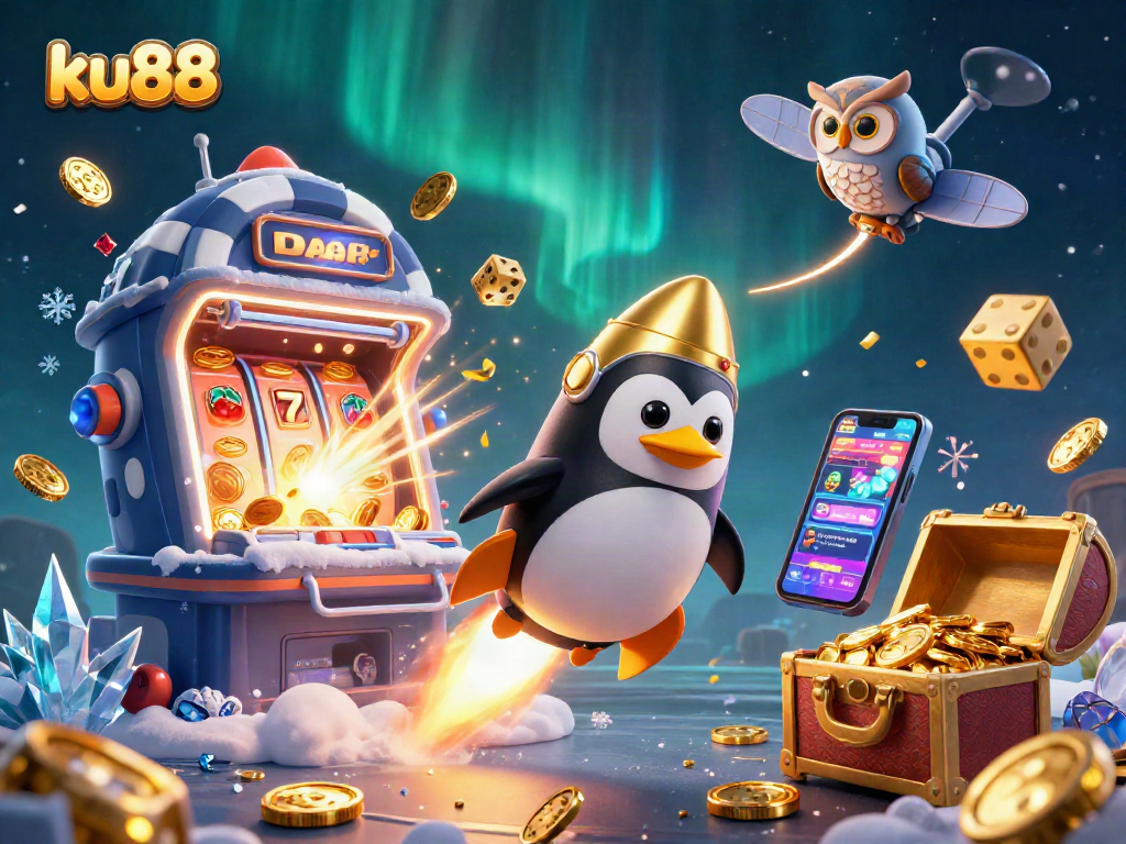 Experience exciting wins with ku88 as a golden penguin rockets toward a vibrant casino space!