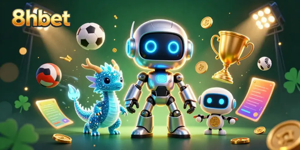 Engage with 8xbet's vibrant online gaming universe showcased in a dynamic 3D scene.