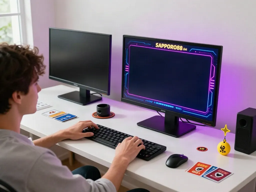 Engaging player using SAPPORO88 link on smartphone in a vibrant gaming setup.