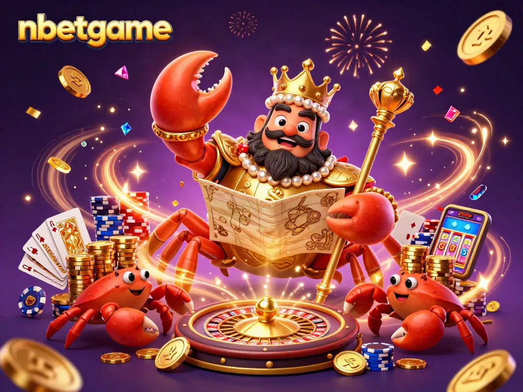 Bet big with nbetgame as the golden crab ruler navigates a casino filled with dazzling elements.