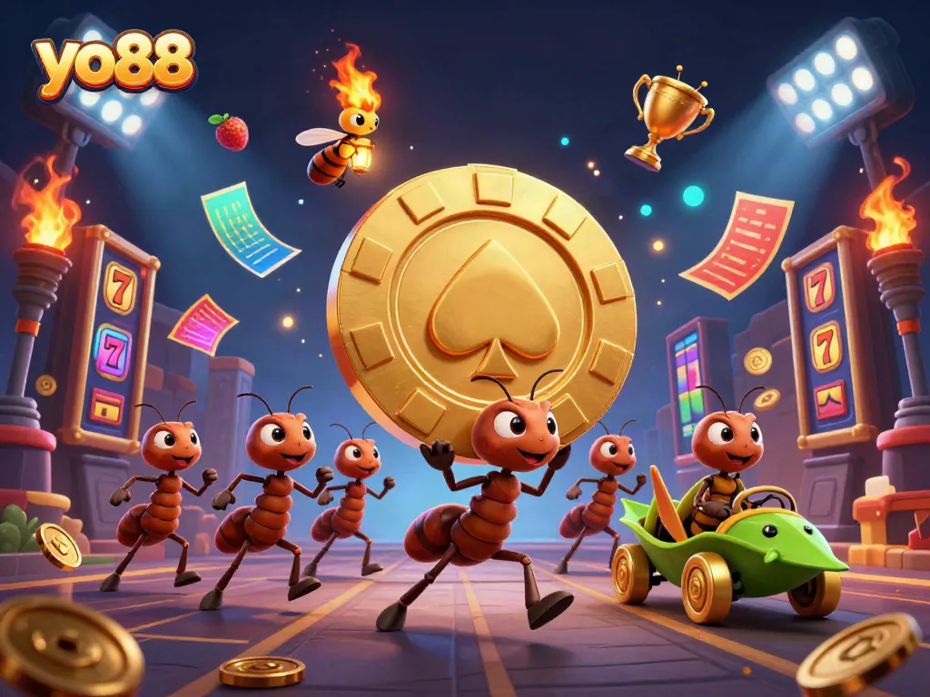 Ants heist in a casino scene carrying a golden poker chip, showcasing yo88 gaming elements.