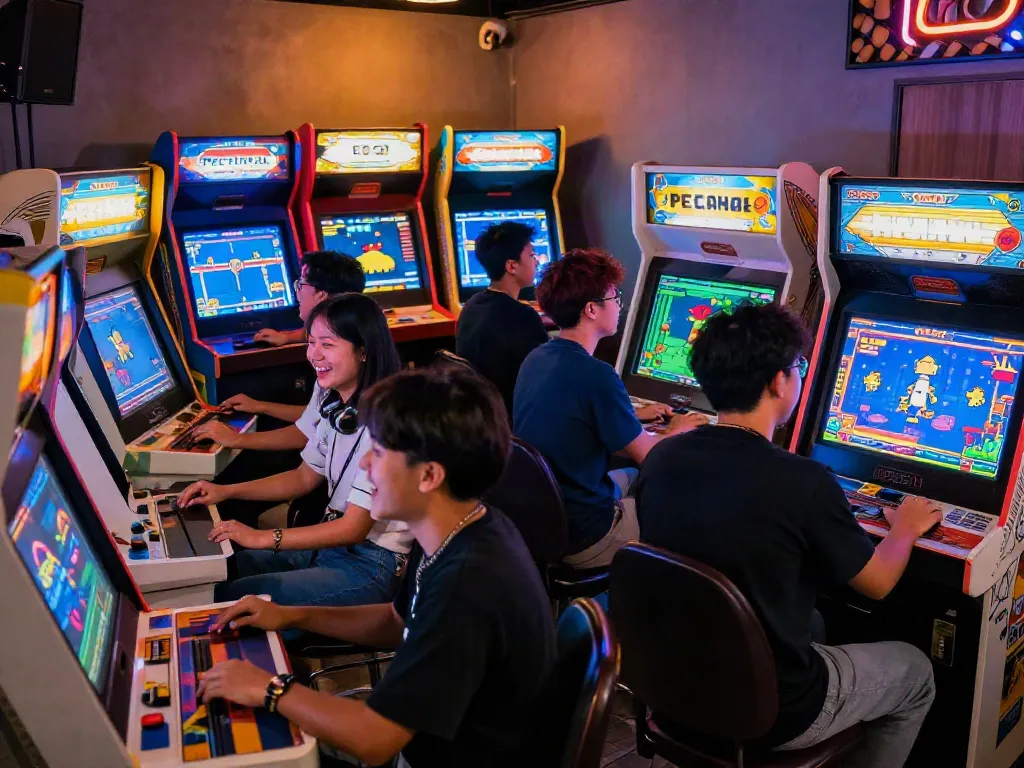 Players enjoying nostalgic PECAH404 arcade games in a vibrant setting.