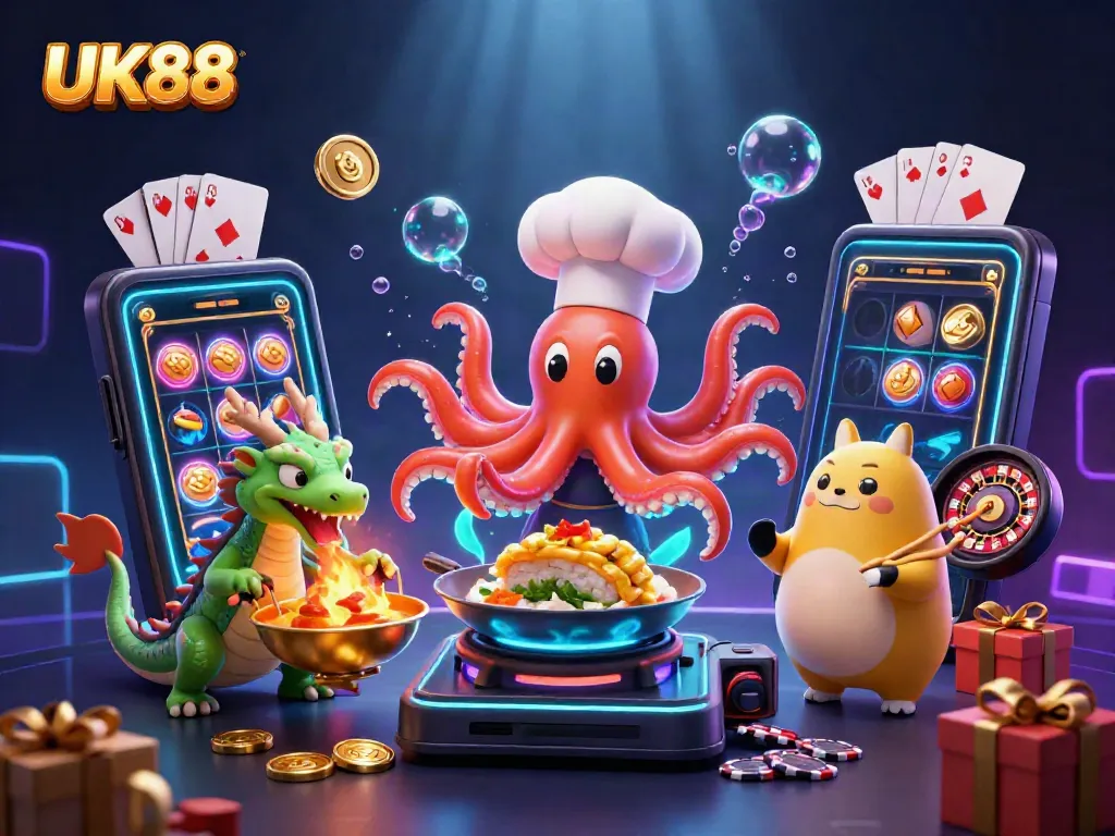 UK88 features an octopus chef and dragon in a vibrant casino scene, showcasing dynamic gaming elements.