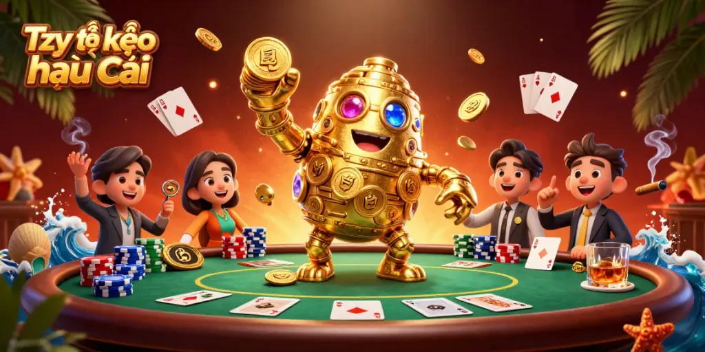 Engage in sports betting with Tỷ lệ kèo nhà cái featuring a golden golem amidst poker chips and community cards.