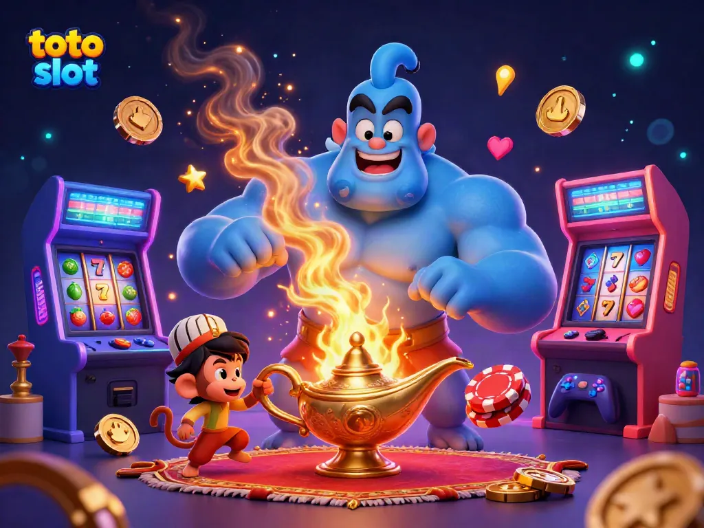 Experience thrilling action with toto slot as a genie escapes, surrounded by vibrant slot machines and poker chips.