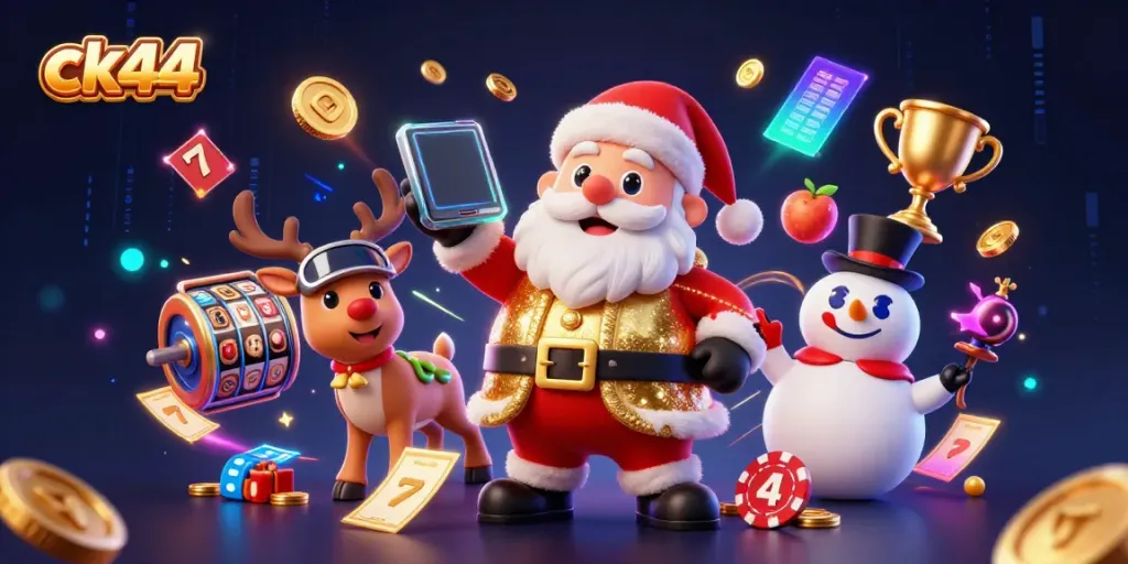 Experience the thrill of ck44 casino with Santa and friends celebrating jackpot wins amidst vibrant slot visuals.