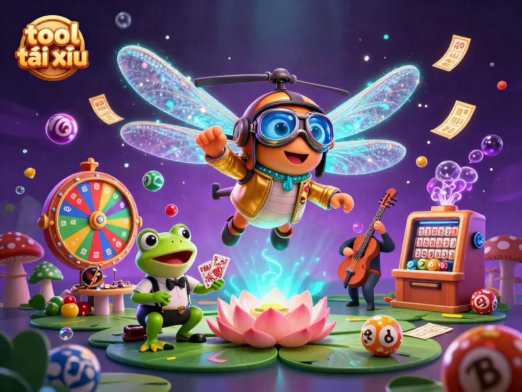 Engaging scene featuring tool tài xỉu with a dragonfly pilot, a frog dealer, and vibrant casino elements.