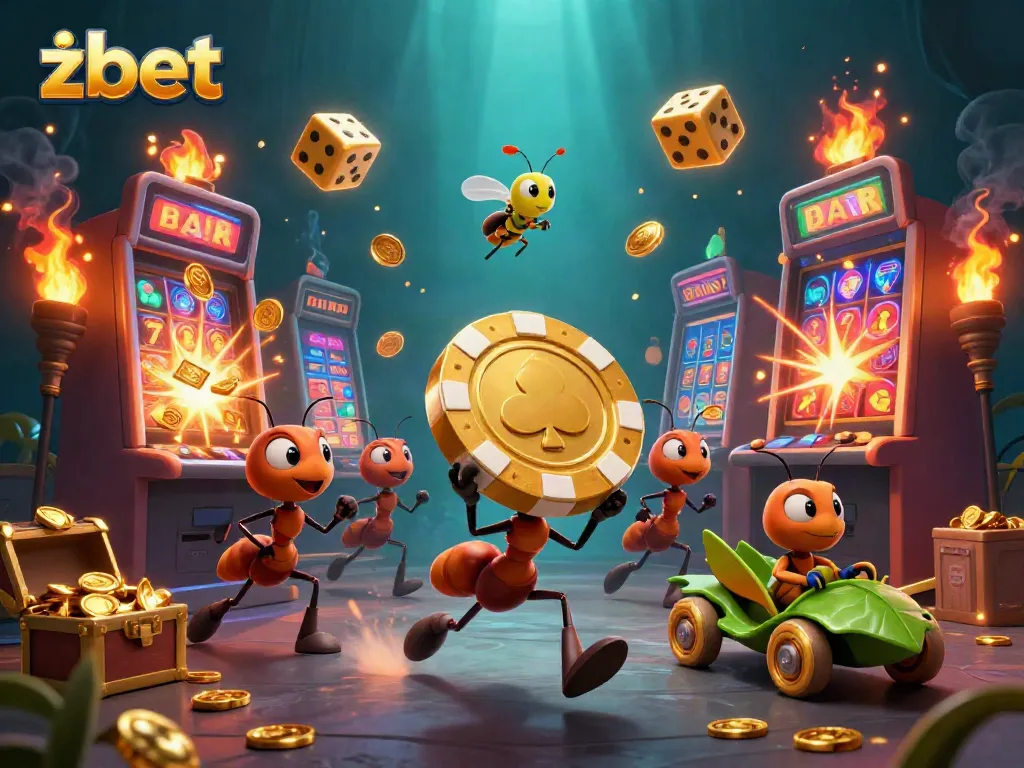 Experience zbet's vibrant casino heist scene with golden poker chips and lively ants in action.