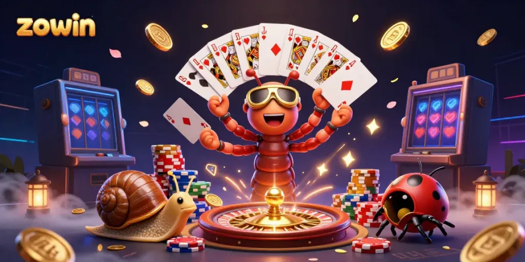 Zowin brings excitement with a dynamic casino scene featuring cartoon dealers, chip stacks, and spinning roulette.