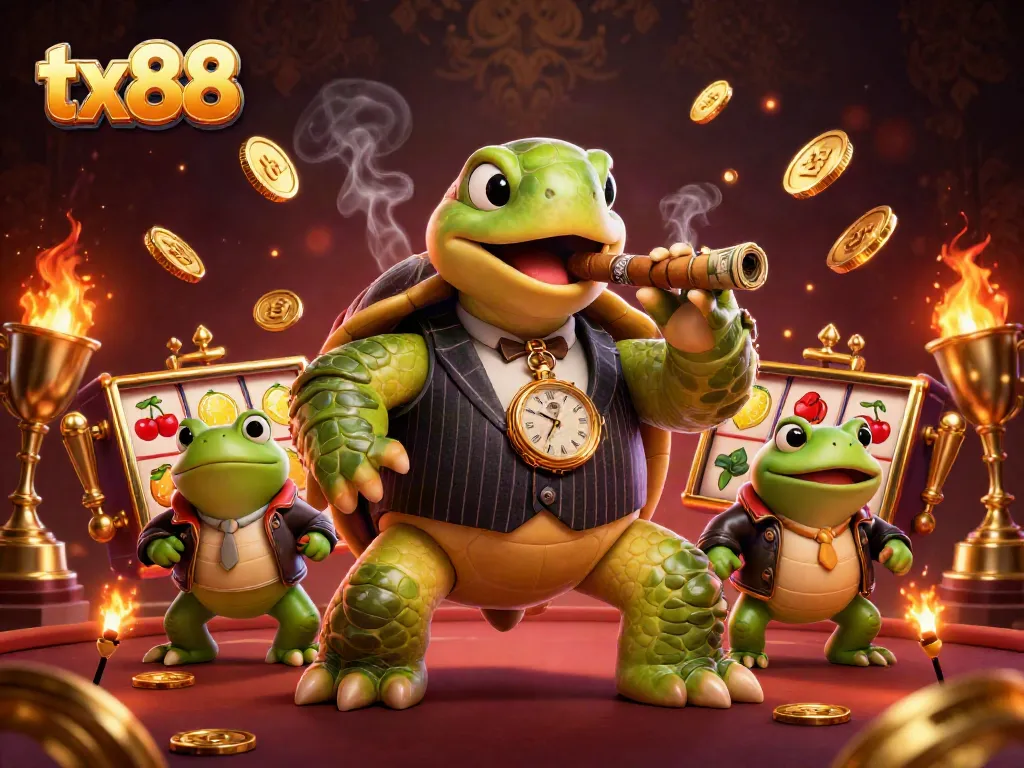 Experience thrilling gameplay at tx88 with a lively illustration featuring a turtle mobster surrounded by slot machine action.