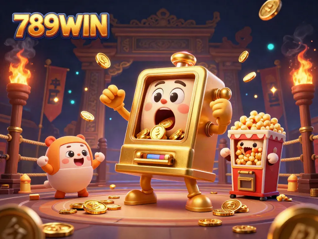 Experience the excitement of winning at 789WIN with a cartoon golden slot machine celebrating a jackpot.