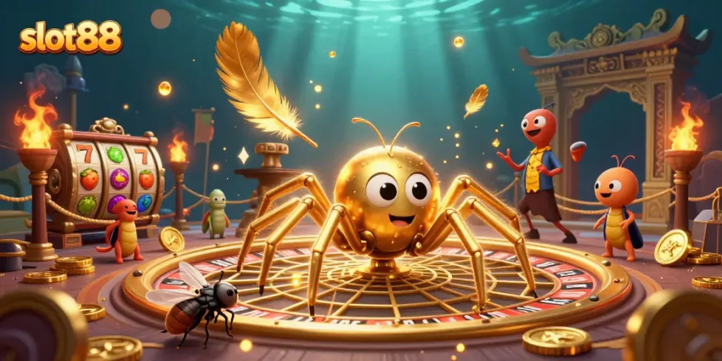 Spin the slot88 wheel as the golden spider weaves bets in a vibrant casino scene filled with rich details.