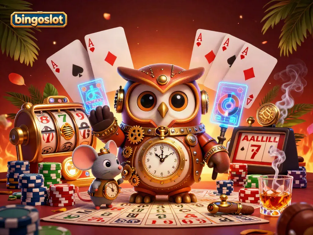 Gambarlah bingoslot dengan suasana bingo yang ramai, karakter hiburan dan elemen kasino.