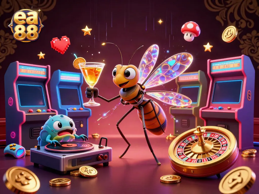 Experience the excitement of ea 88 with a dynamic casino scene featuring unique characters and gaming elements.