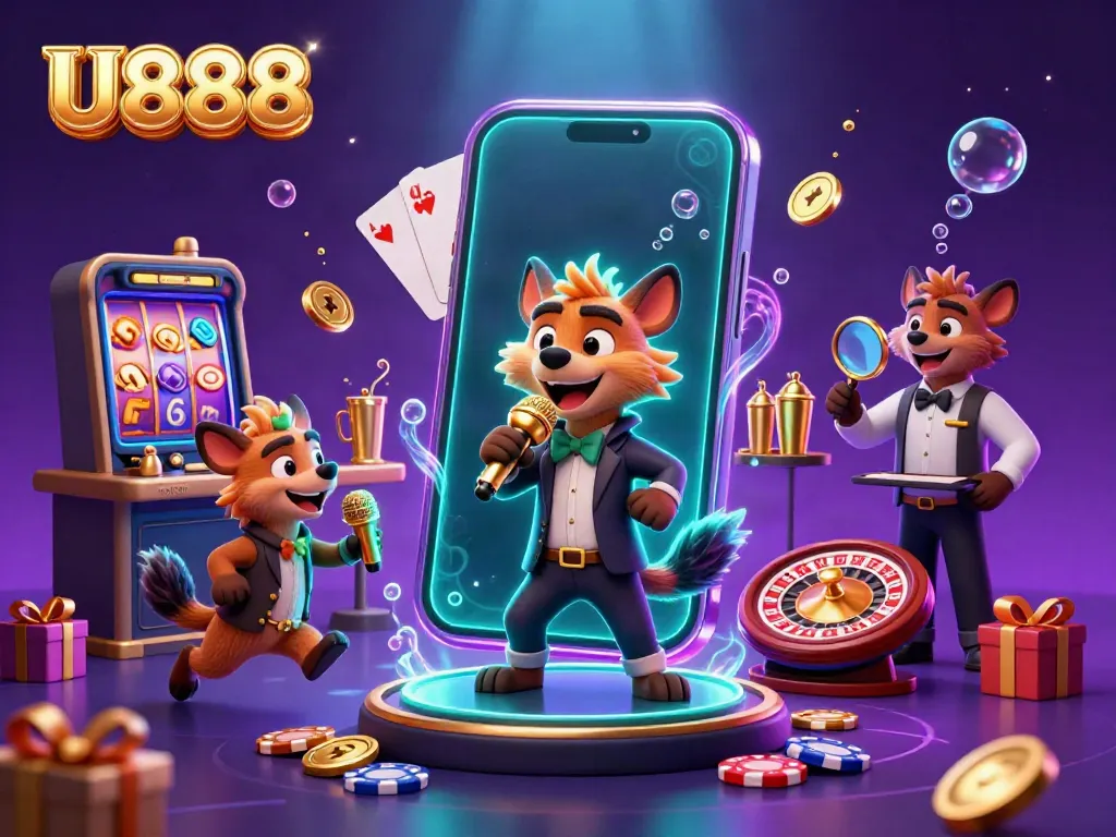 U888 comedy casino scene with hyenas, slot games, and vibrant casino elements.