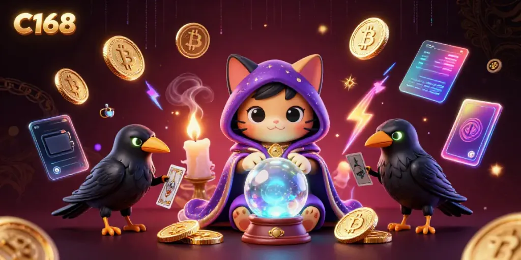 Engage with C168's captivating casino experience featuring mystical characters and vibrant cryptocurrency elements.