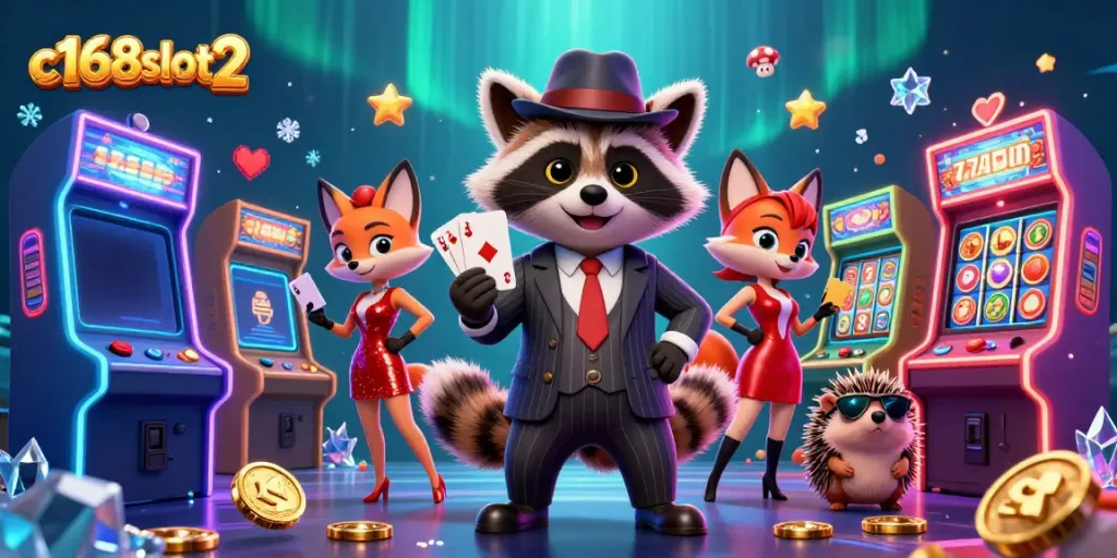 Experience thrilling action in c168slot2 with a suave raccoon and friends in a casino scene.