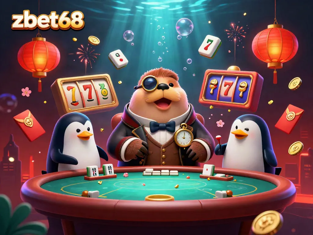 Experience the thrill of zbet68 with a jolly walrus at a poker table, surrounded by dazzling casino elements.