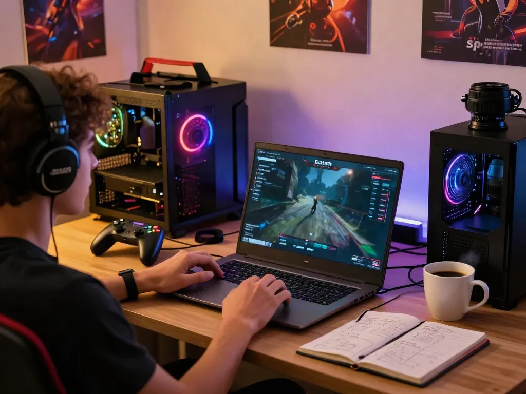 Exciting online gaming setup showcasing sun win logo on screen and accessories.