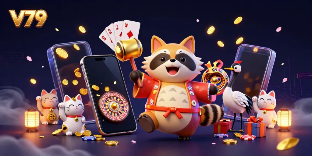 Engage with V79's exciting gaming world with cartoon tanuki, samurai crane, and colorful fortune cats