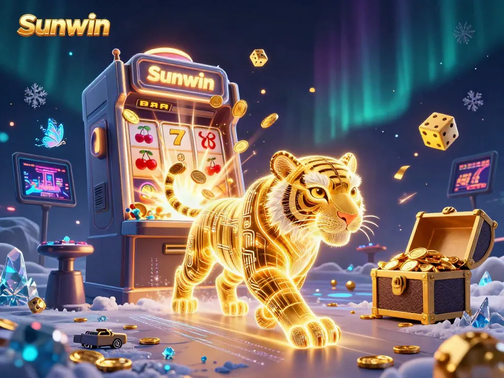 Experience the vibrant world of Sunwin with a golden tiger in a dazzling digital casino scene.