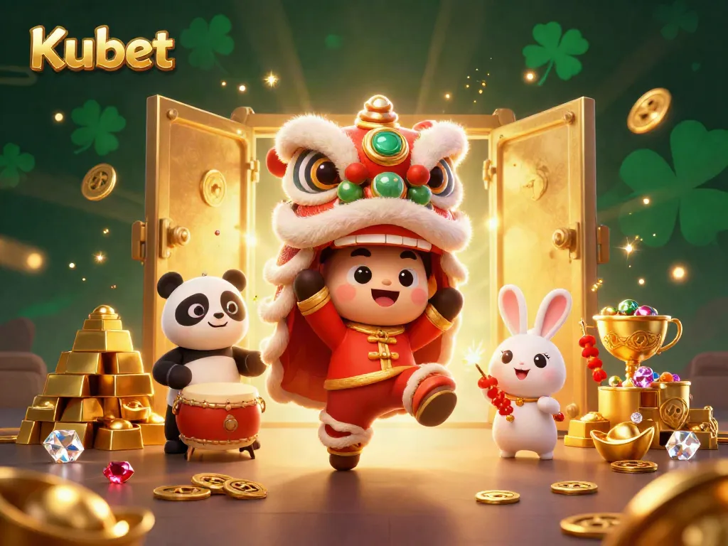 Kubet showcases a vibrant 3D illustration featuring a lion dance and lucky elements, embodying casino excitement.