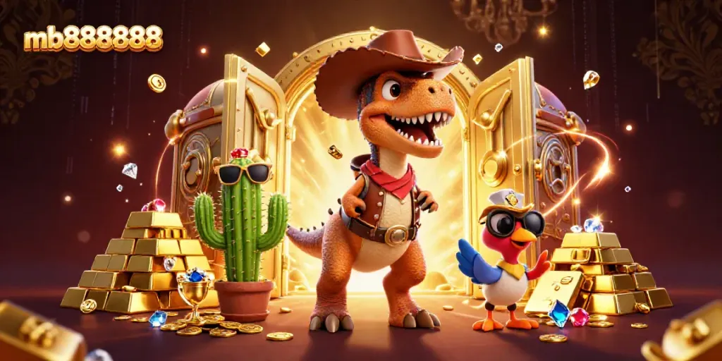 Experience thrilling gameplay with mb888888 in a vibrant casino adventure featuring colorful characters and treasures.