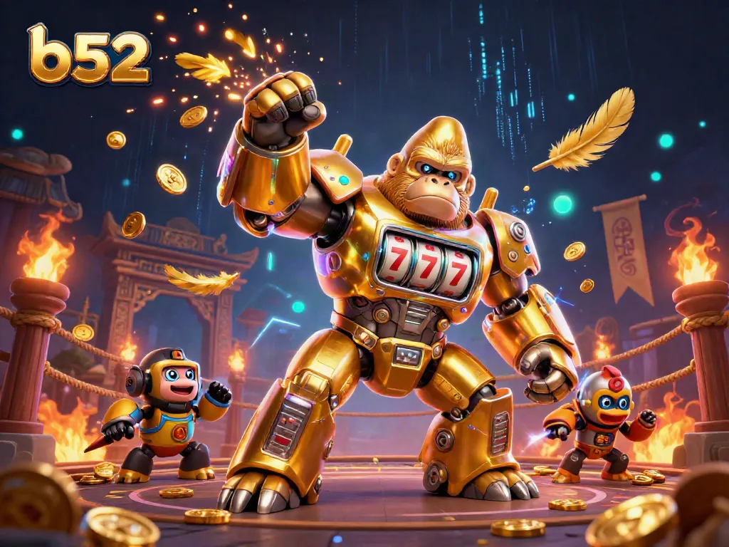 Experience thrilling wins at b52 with a dynamic golden gorilla mech amid a vibrant casino scene.
