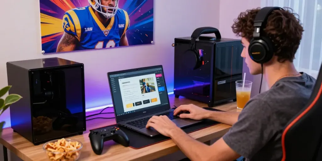 Pengguna SERIBUTOTO bermain game online di laptop dalam suasana nyaman dengan aksesori gaming.