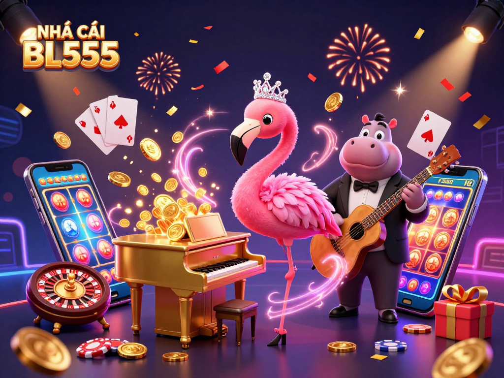 Engage in thrilling gaming with NHÀ CÁI BL555, featuring dazzling 3D characters amidst vibrant casino elements.