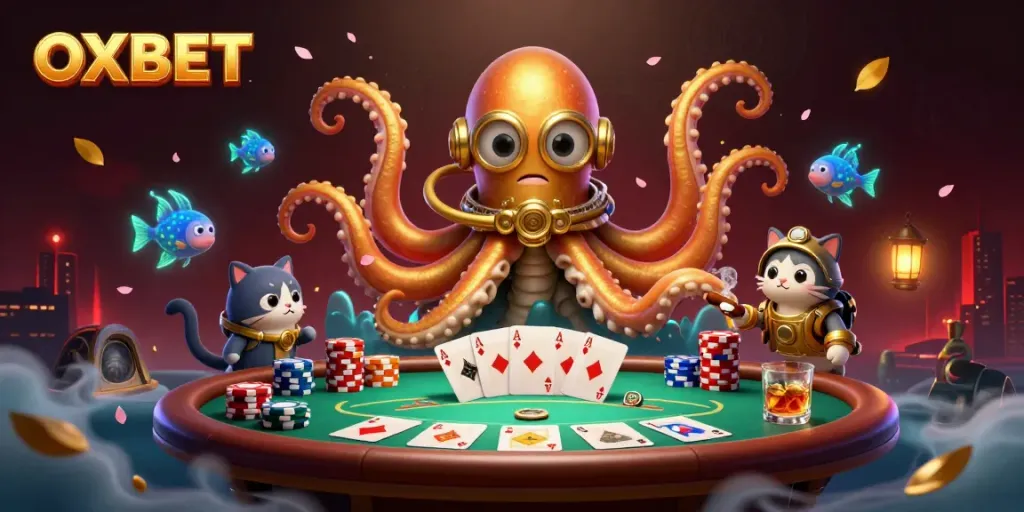 OXBET enables thrilling adventures with a colossal kraken and diving cat amidst vibrant poker elements.