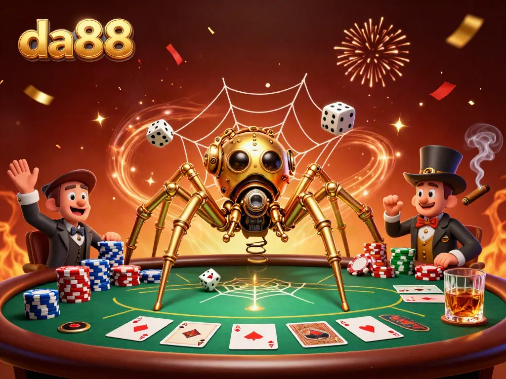 Experience thrilling gameplay at da88 with colorful poker chips and a steampunk spider in a vibrant casino scene.