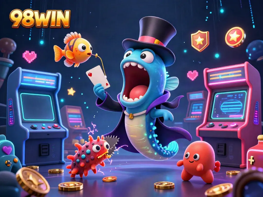 Engage with 98WIN as a bioluminescent eel performs card tricks in a casino-themed scene filled with vibrant elements.