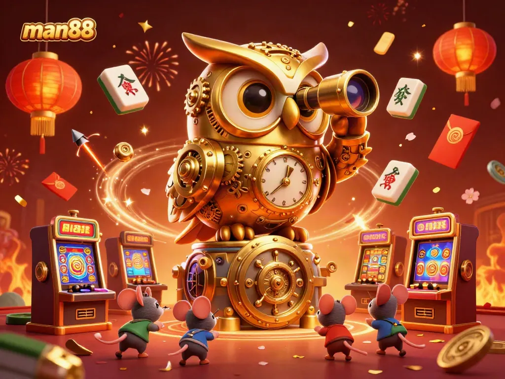 Experience thrilling gameplay with man88 at a vibrant casino scene featuring an owl and animated mice.