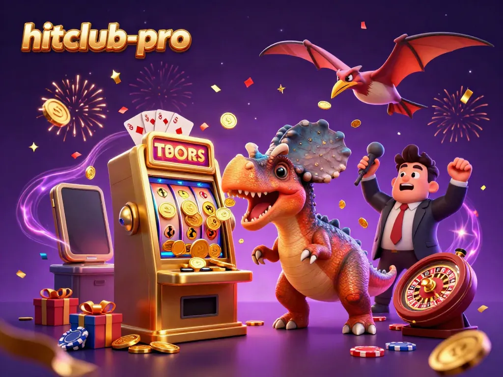 Experience the excitement at hitclub-pro with a 3D dinosaur scene celebrating jackpots and casino fun.
