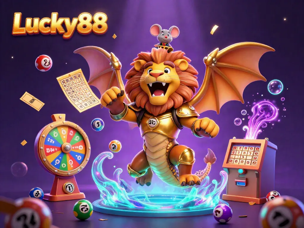 Experience thrilling jackpots with Lucky88 as colorful lottery balls bounce amidst a golden chimera and vibrant casino elements.